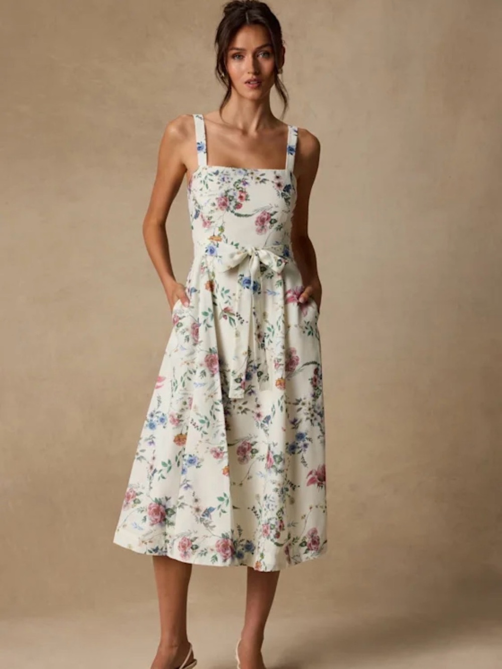 Lulu's Cream Floral Tie-Waist Maxi Dress